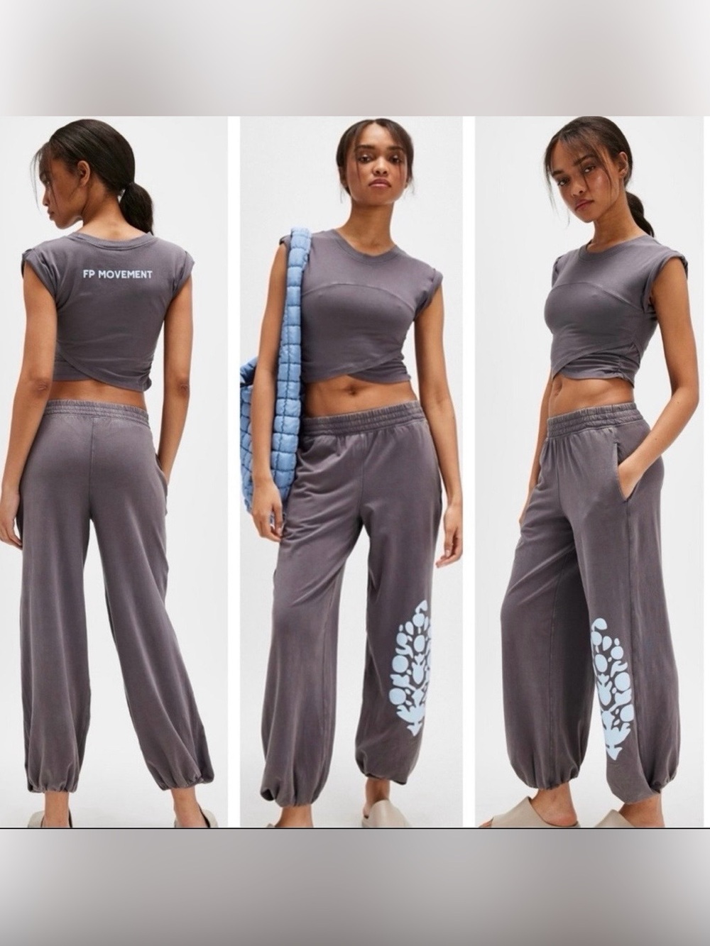 FREE PEOPLE GRAY HOT SHOT LOGO CROSSOVER SET SHIRT SIZE SMALL & PANTS SIZE XS!